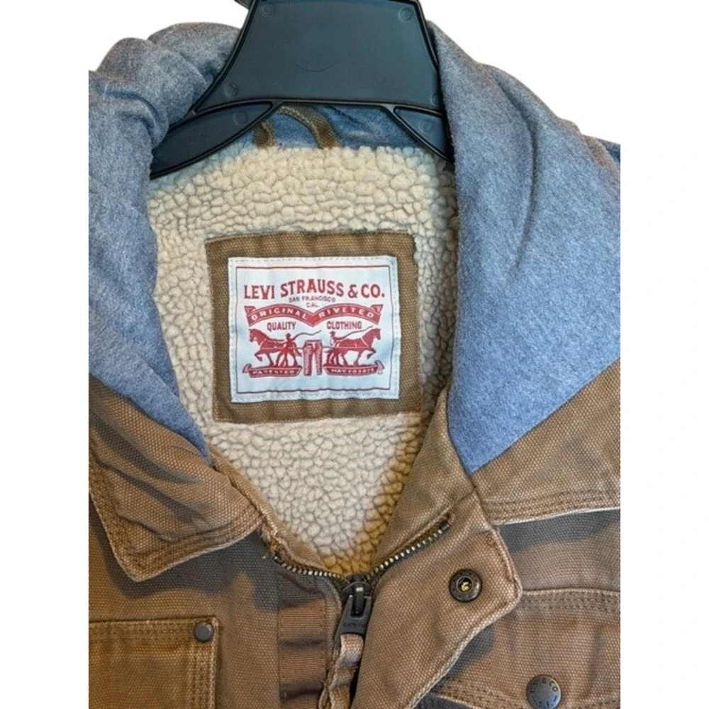 Levi's Mens Tan‎ Canvas Sherpa Lined Hooded Trucker Work Jacket Brown L/XL